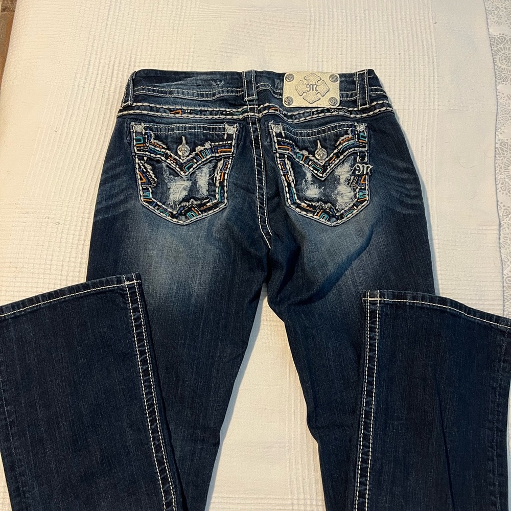 Miss Me Blue Boot Cut Jeans with Contrast Stitching and Vintage Fading - Picture 3 of 4